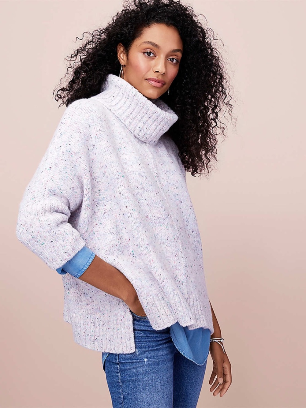 LOFT Flecked Turtleneck Poncho Pullover Sweater
